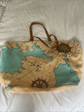 Mud Pie Beige and Teal Canvas Pocket Tote